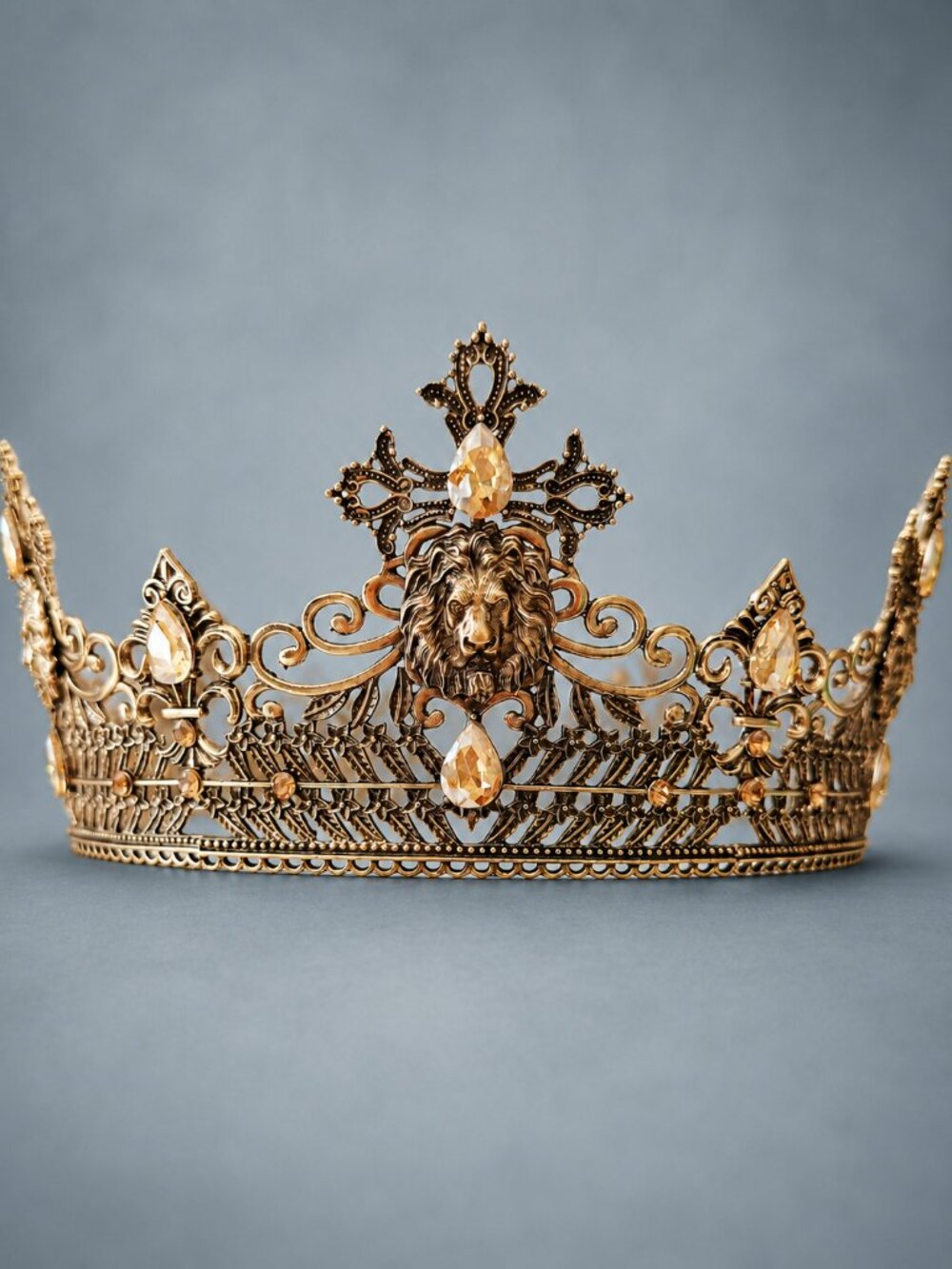 Men's Antique Gold Lion Crown, Crystal Medieval Royal King Costume Tiara Adult